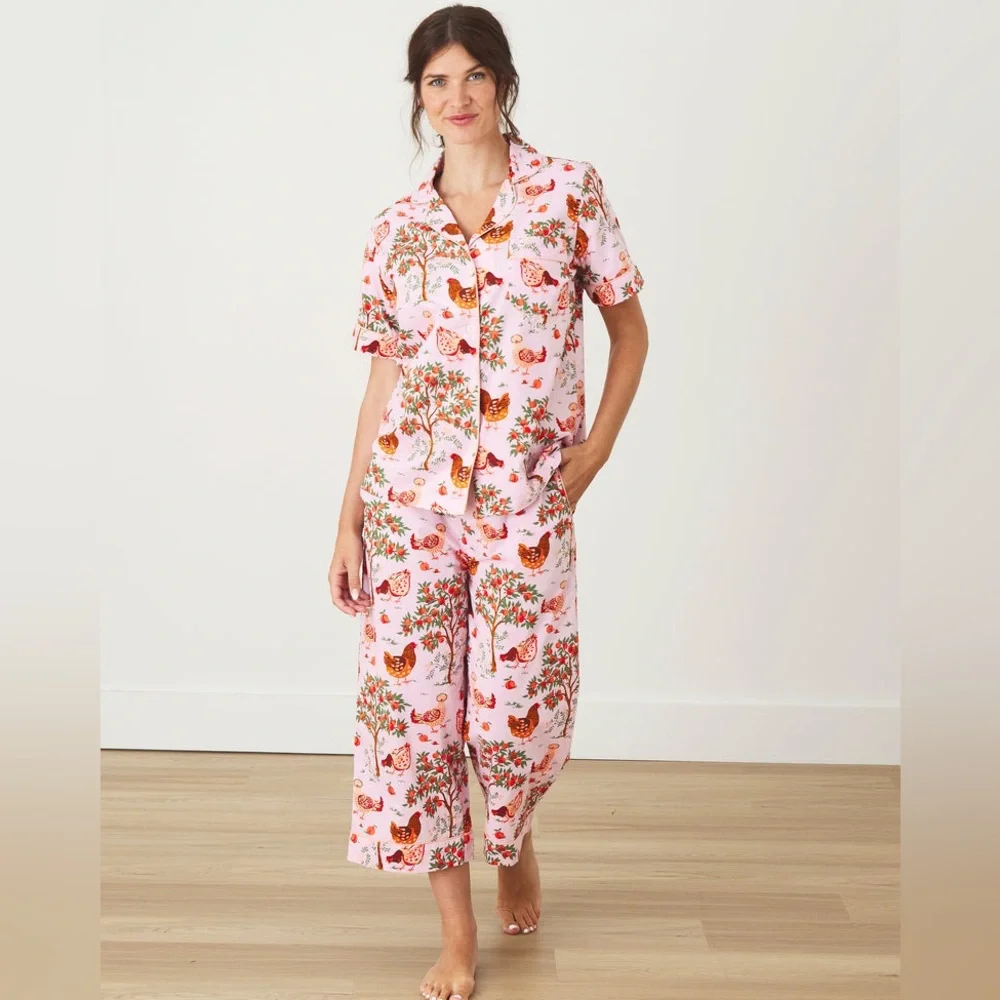 PRINTFRESH 100% Organic Cotton Top & Cropped Pants Hen House Ballet Pink XXS GUC - Picture 3 of 14